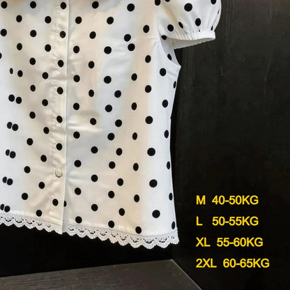 Summer Women's Doll Collar Short-sleeved Blouse Dot Pattern Elegant Lace Trim Sweet Buttons Shirts Tees Korean-style Chic Shirt