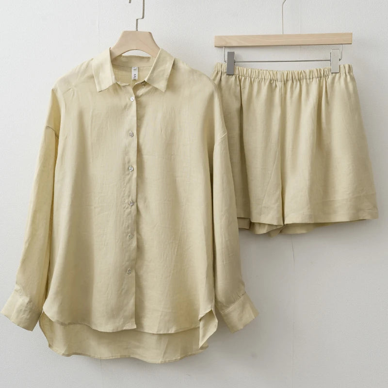 Women 2025 Summer Casual Linen Blouse Shorts Sets