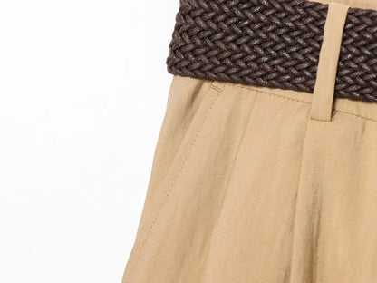 HH Women Elegant Turn-Down Collar Single-Breasted Shirts Top+Chic Mid Waist Belt Decoration Zipper Casual Shorts 2-Piece Set