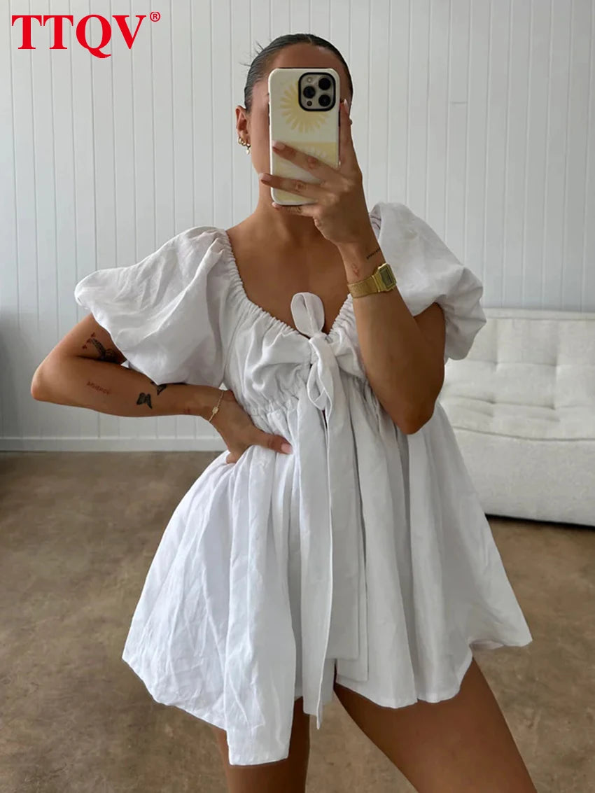 TTQV Sexy Loose White Cotton Two Piece Outfits Woman 2026 Fashion Short Sleeve Shirt With High Waist Shorts Set Female Clothing