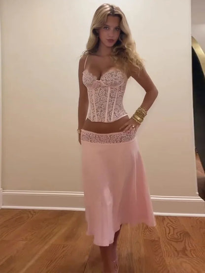 Fashion Women's Pink Lace Corset Skirt Set Slim Sleeveless Waist Cinching Strap Top Loose Skirts 2026 Summer Lady Party Outfits