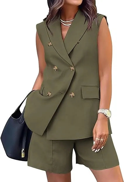 Fashionable Backless Button Sleeveless Top + Shorts Two-piece Sets Women Summer Casual Loose Lapel Shirt Shorts Set For Women