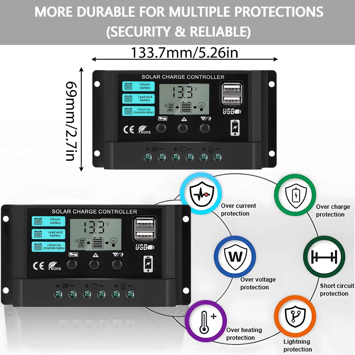 12V/24V 100A Solar Charge Controller AutoSwitch LCD Display with Overcharge/Short Circuit Protection for RV Boat Off-Grid System