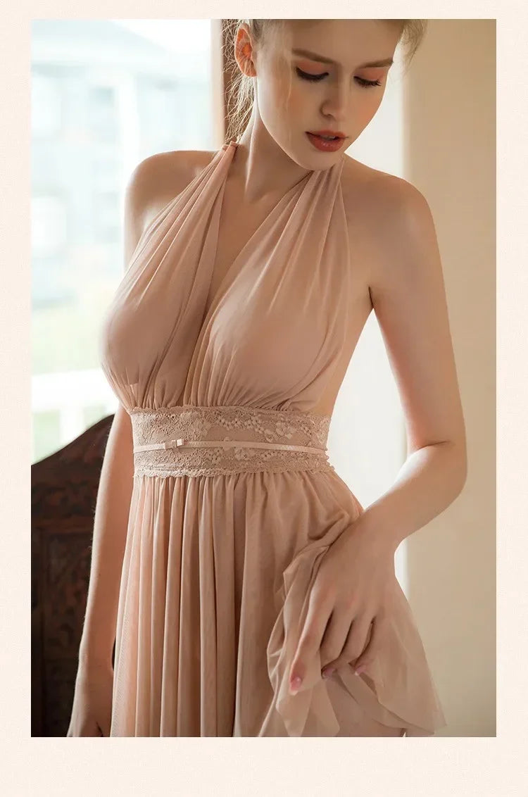 Sexy Backless Transparent Tulle Nightdress Halter Neck Mesh Underwear Nighty For Ladies Sleepwear Fairy Women Lingerie Nightwear