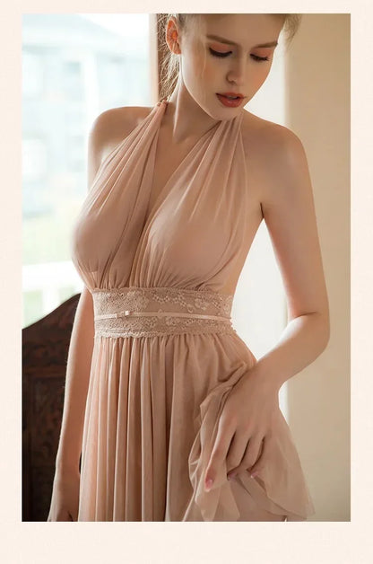 Sexy Backless Transparent Tulle Nightdress Halter Neck Mesh Underwear Nighty For Ladies Sleepwear Fairy Women Lingerie Nightwear