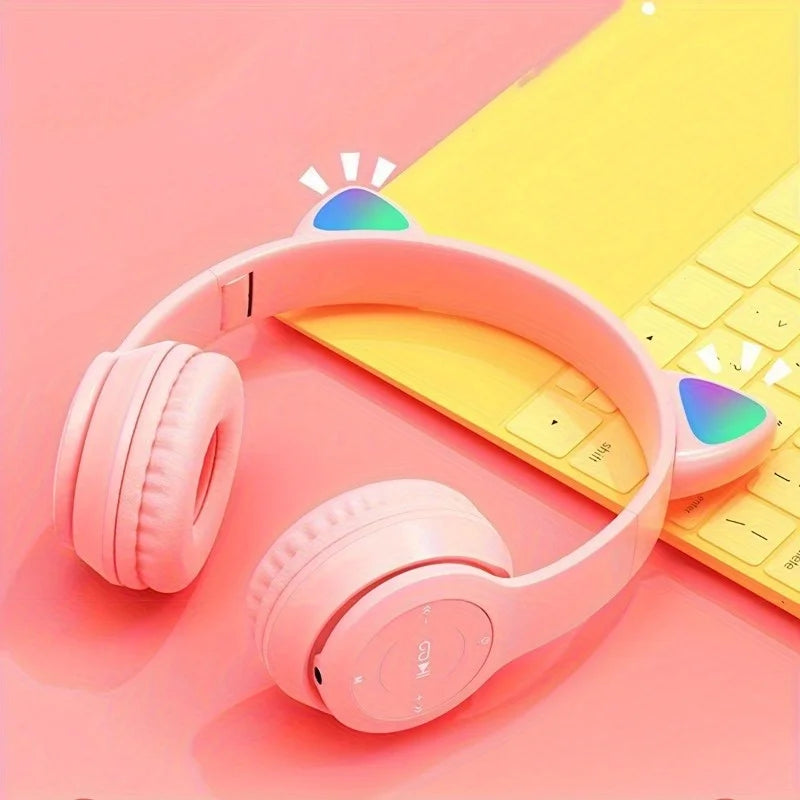 Cute Light Blue Cat Ear Over-Ear Bluetooth Headphones, Foldable Wireless Gaming Headset with LED Glowing Lights, Noise Isolation Cat Ear Headphones for Girls Kids Gaming Music