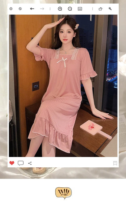 Hot Summer Plus Size Sexy Lace V-neck Short Sleeve Cotton Nightgowns for Women Cute Sleepwear Night Dress Nightdress Home Nighty