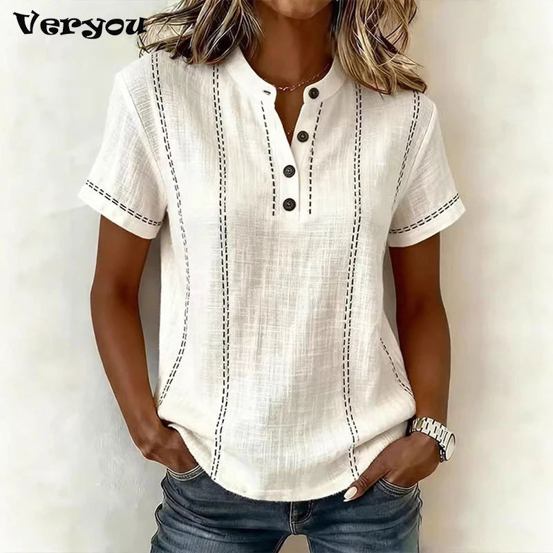 Elegant Women Blouse Shirt V Neck Button Patchwork Short Sleeve Shirts For Women Summer Striped Loose Tee Women Casual T-shirts