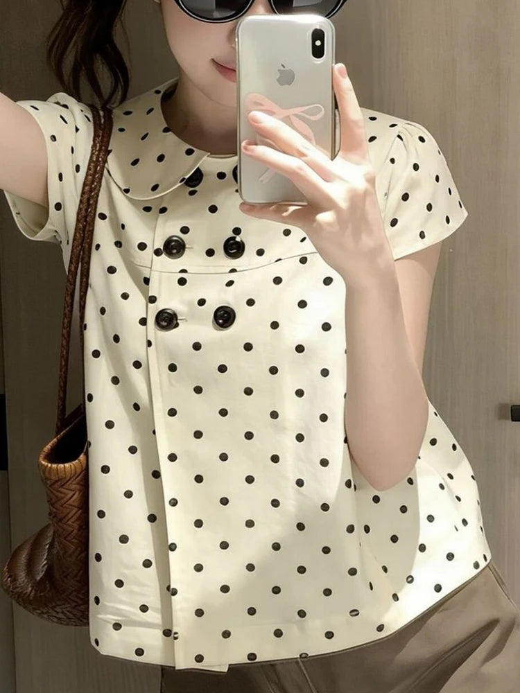 Aoaiiys Dot Shirts Women Peter Pan Collar Short Sleeve Shirt Sweet Fashion Casual Blouse Summer New Comfortable Female Tops
