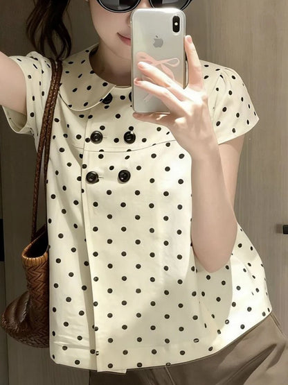Aoaiiys Dot Shirts Women Peter Pan Collar Short Sleeve Shirt Sweet Fashion Casual Blouse Summer New Comfortable Female Tops