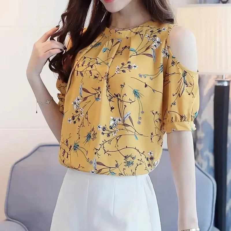 New Floral Print Women Shirt Elegant Summer Tops Off Shoulder Blouses Short Sleeve Woman Blouse