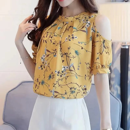 New Floral Print Women Shirt Elegant Summer Tops Off Shoulder Blouses Short Sleeve Woman Blouse