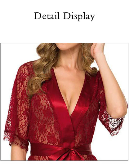 New Hot Sexy Women Floral Lace Lingerie V-Neck Sheer Mesh Nightgown Comfortable Ladies Kimono Nightdress Sleepwear