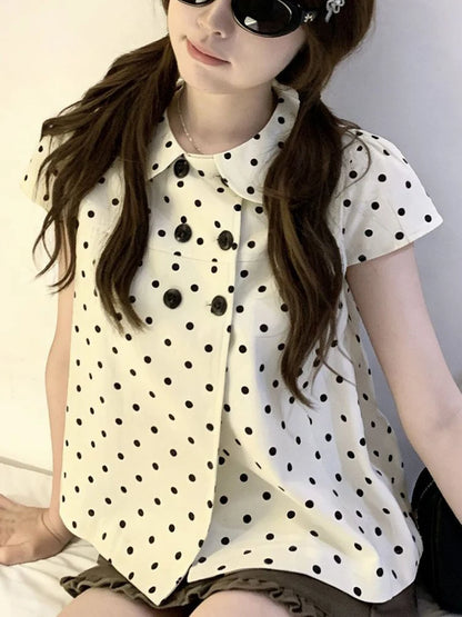 Aoaiiys Dot Shirts Women Peter Pan Collar Short Sleeve Shirt Sweet Fashion Casual Blouse Summer New Comfortable Female Tops