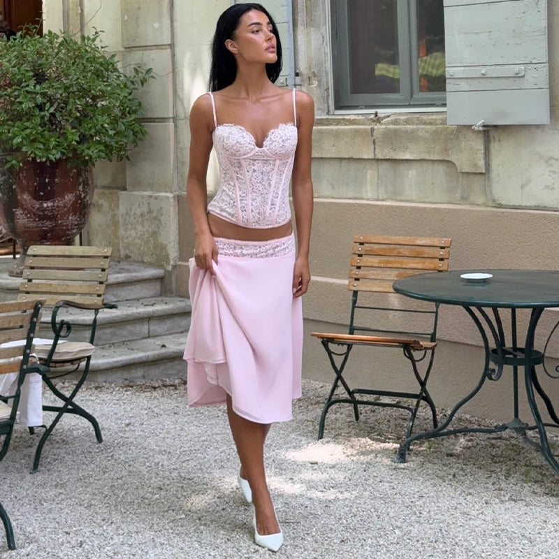 Fashion Women's Pink Lace Corset Skirt Set Slim Sleeveless Waist Cinching Strap Top Loose Skirts 2026 Summer Lady Party Outfits