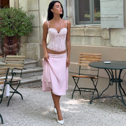 Fashion Women's Pink Lace Corset Skirt Set Slim Sleeveless Waist Cinching Strap Top Loose Skirts 2026 Summer Lady Party Outfits