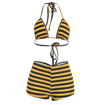 Women Striped Print 3 Piece Short Sets Summer Sexy Halter Lace-up Bra Short Sleeve Crop Top Shorts Matching Sets Beach Vacation