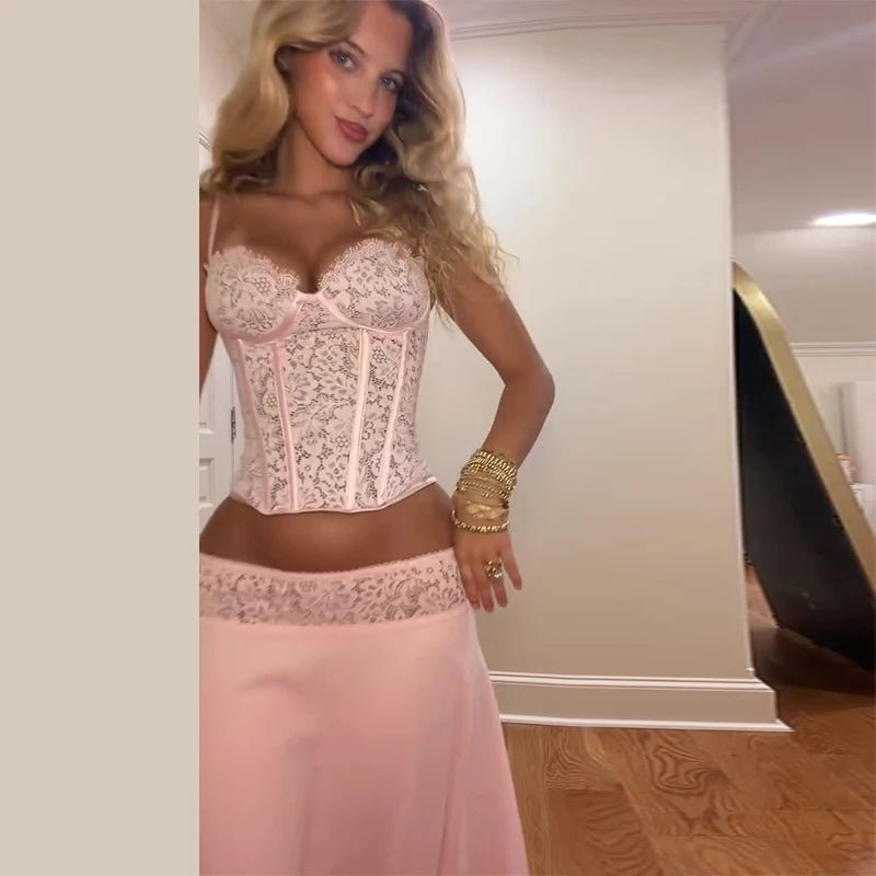 Fashion Women's Pink Lace Corset Skirt Set Slim Sleeveless Waist Cinching Strap Top Loose Skirts 2026 Summer Lady Party Outfits
