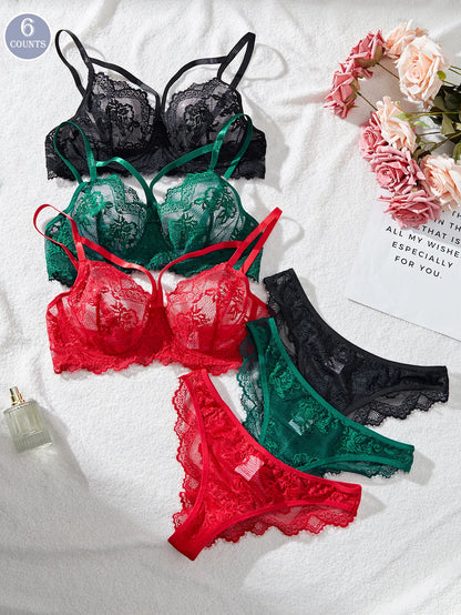 Women's Sexy Push Up Bra & Brazilian Panties Set - Lace Underwire Sheer Mesh Lingerie, Adjustable Straps Comfort Fit for Daily