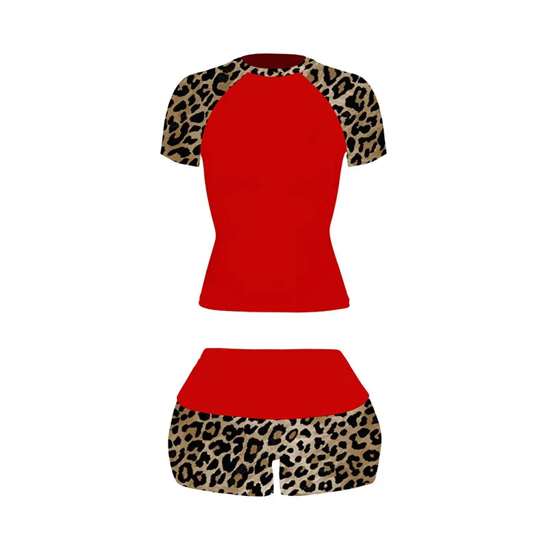 2026 summer new American retro leopard print patchwork short sleeved shorts set Y2K punk street fashion trend casual spicy girl
