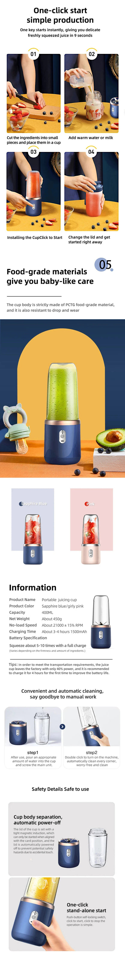 Portable USB Personal Mini Juicer Cup Handheld Travel Blender Single and Double Cups Design for Easy Use with Water Bottles