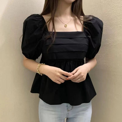 Elegant Square Neck Summer White Blouse Fashion Women New Puff Short Sleeve Simple Shirt Ladies Casual Pleated Short Tops