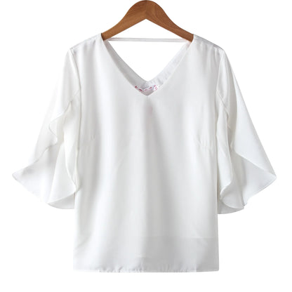 Women Chiffon Short Sleeve Shirt Sexy V-neck Loose Ruffled Chiffon Blouse.