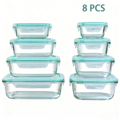 8pcs Glass Food Storage Containers Set Lunch Box Leakproof Airtight Microwave & Oven Safe Stackable Kitchen Organizers