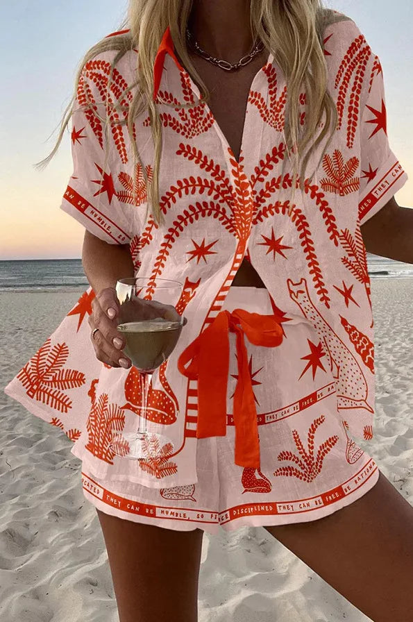 Casual Women Printed Blouse Shorts Two Pieces Sets Lapel Short Sleeve Button Shirt Suit Female New Summer Beach Holiday Outfits