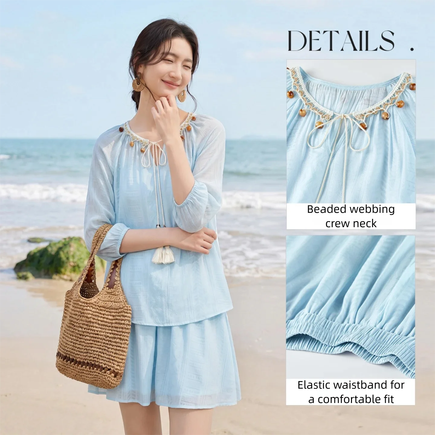 SENTUBILA Women's 2 Piece Bohemian Blouse Summer Set 2026 Beaded Tie Top Elastic Waist Shorts Clothing Set 161ZC4660