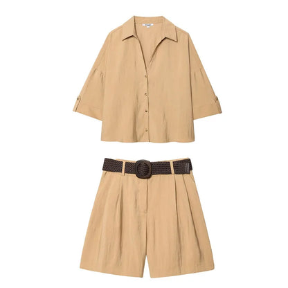 HH Women Elegant Turn-Down Collar Single-Breasted Shirts Top+Chic Mid Waist Belt Decoration Zipper Casual Shorts 2-Piece Set
