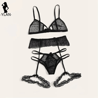 Bra set Women Sexy Mesh Lingerie Set Polka Dot Transparent Harness Lingerie Hollow Out Bralette+Garter+Thong 3pcs Underwear Set
