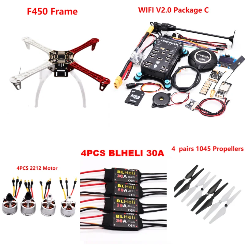 PixHawk2.4.8 Flight Control F450 Drone Kit Ardupilot 100MW Radio Telemetry Quadcopter BLHELI 30A 2212 Motor ESC Landing Gear