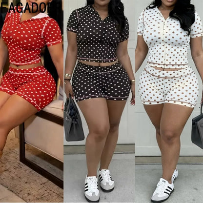 FAGADOER Sexy Women's Matching Sets Polka Dot Print Patchwork Short Sleeve Top and Shorts Female 2 Pieces Streetwear 2026 New