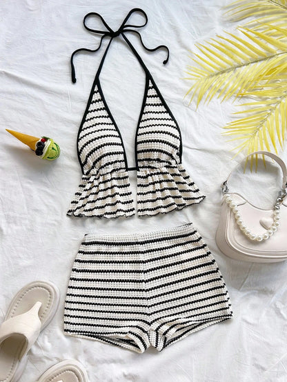 Women's Summer Sexy Contrasting Lace Up Backless Lace Up Top and Shorts Two-Piece Set, Striped Beach Holiday Style