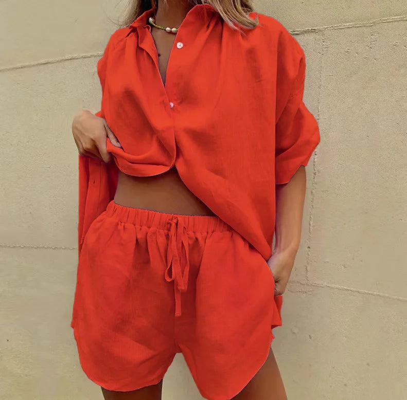 2024 Summer New Women's 2-piece set Solid Single breasted Short sleeve Shirt Two piece Set Wide Leg Lace-up Shorts For Women