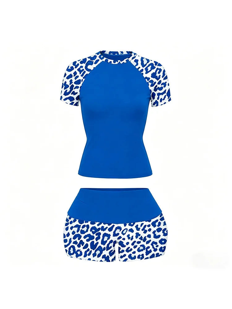 2026 summer new American retro leopard print patchwork short sleeved shorts set Y2K punk street fashion trend casual spicy girl