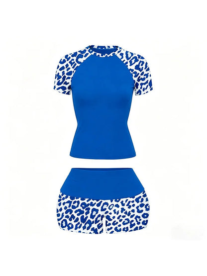 2026 summer new American retro leopard print patchwork short sleeved shorts set Y2K punk street fashion trend casual spicy girl