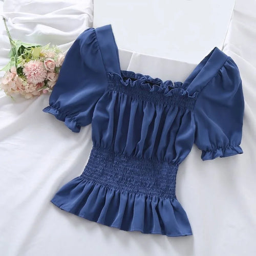 Puff Short Sleeve Ruffles Shirts Square Collar Chiffon Blouses Women Summer Pullover Blouse Ladies Shirt Female Crop Tops