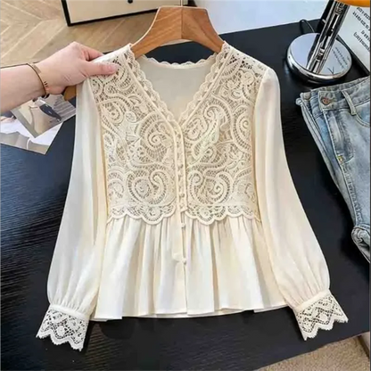 White Lace Blouse Patchwork Shirt Long Sleeved Top luxury Temperament Shirt Hollow Lacey Blous Vneck Ladies Blouses