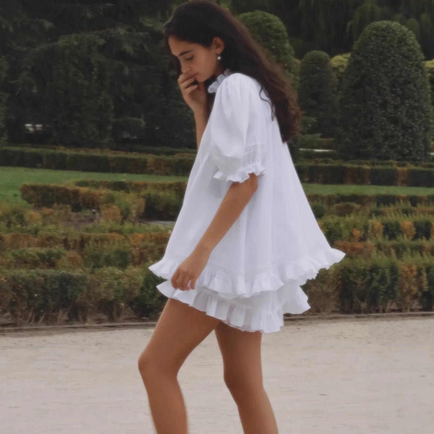 Women 2 Piece Shorts Set Puff Sleeve Button Down Blouse And Ruffle Hem Shorts White Cotton Look Casual Outfits Summer Streetwear