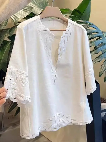 French Elegant White Linen Eyelet Lace Blouse Shorts Set Women V Neck Embroidered Hollow Out Tops And Elastic Waist Short Pants