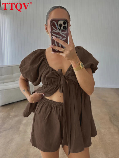 TTQV Sexy Loose White Cotton Two Piece Outfits Woman 2026 Fashion Short Sleeve Shirt With High Waist Shorts Set Female Clothing