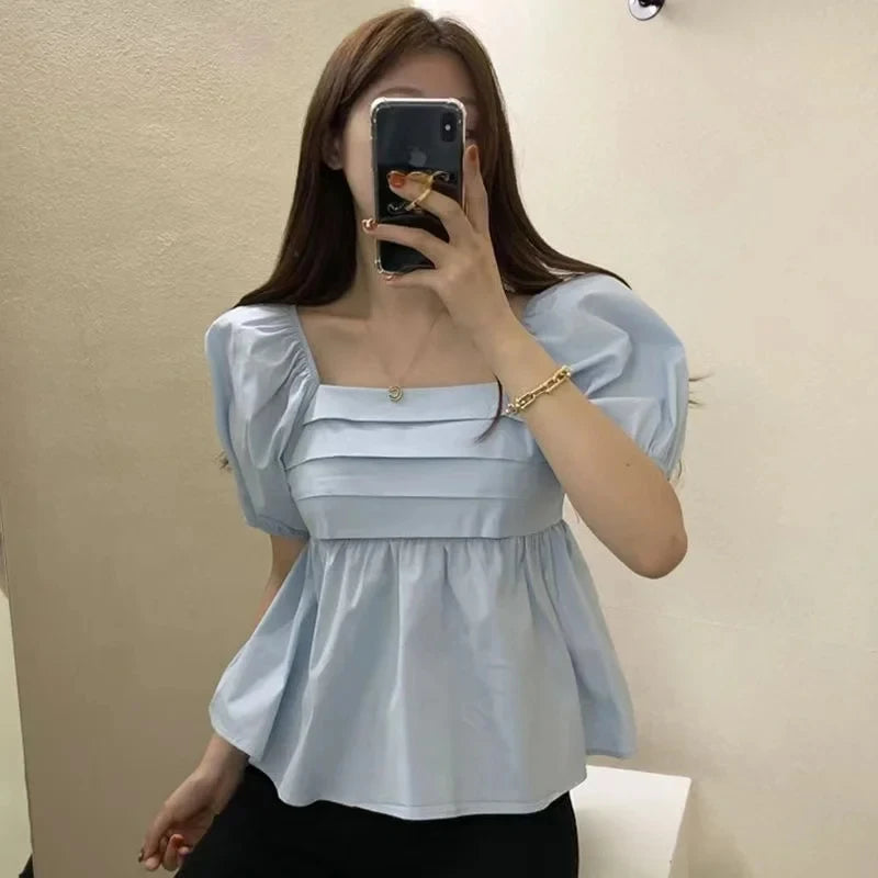 Elegant Square Neck Summer White Blouse Fashion Women New Puff Short Sleeve Simple Shirt Ladies Casual Pleated Short Tops