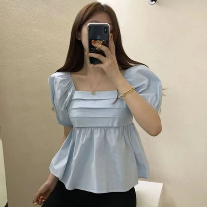 Elegant Square Neck Summer White Blouse Fashion Women New Puff Short Sleeve Simple Shirt Ladies Casual Pleated Short Tops