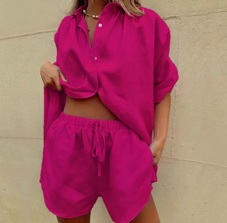 2024 Summer New Women's 2-piece set Solid Single breasted Short sleeve Shirt Two piece Set Wide Leg Lace-up Shorts For Women