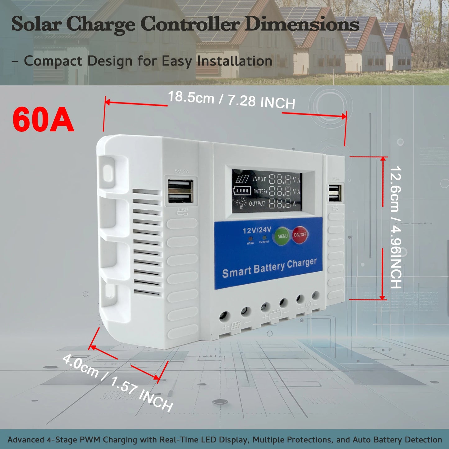 60A Smart Solar Charge Controller 12V/24V/36V/48V Auto,PWM 3-Stage Charging,LCD Display,for Lead-Acid/AGM/Gel/Li-ion/LiFePO4
