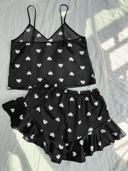 Cute Heart Print Pajamas for Women Set V Neck Top and Shorts Loungewear Sexy Fashion Women’s Sleepwear for Home