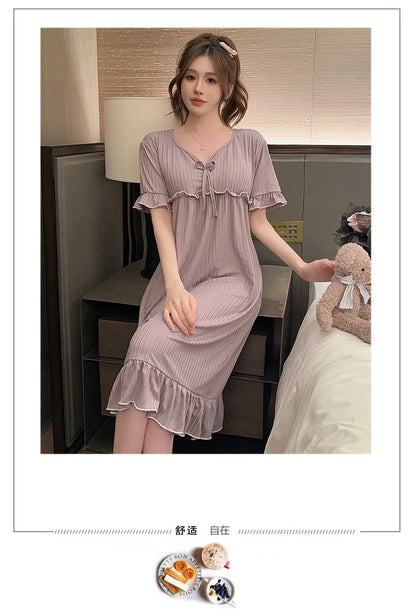 Hot Summer Plus Size Sexy Lace V-neck Short Sleeve Cotton Nightgowns for Women Cute Sleepwear Night Dress Nightdress Home Nighty