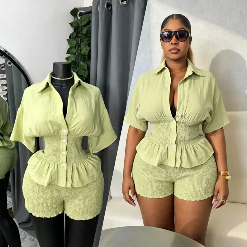 Elegant New Design WomenSummer Two Piece Set Solid Color Short Sleeve Elastic Waist Ruffles Hem Blouse Top And Folds Shorts Set